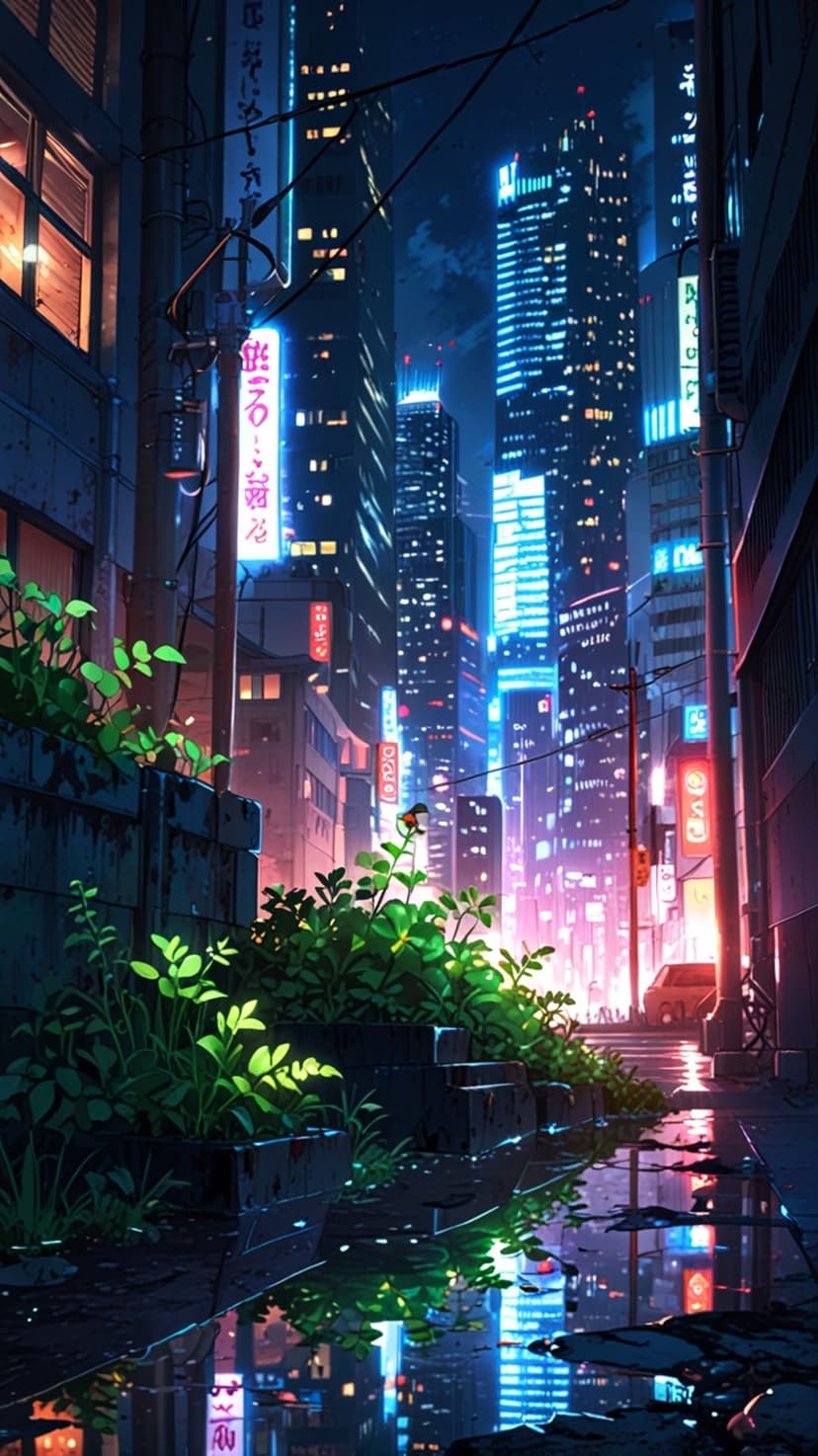 Neon-lit alleyway with green hanging plants and wet pavement reflecting tall glowing skyscrapers at night.