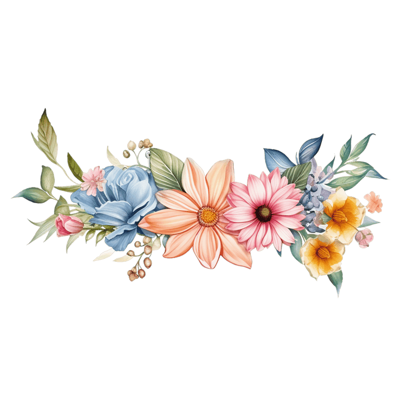 Multicolored flower garland with curved botanical arrangement featuring soft pastel petals on a clear background.