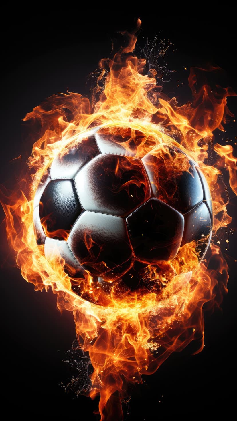 Soccer ball engulfed in roaring orange flames and swirling heat trails against a solid black background.