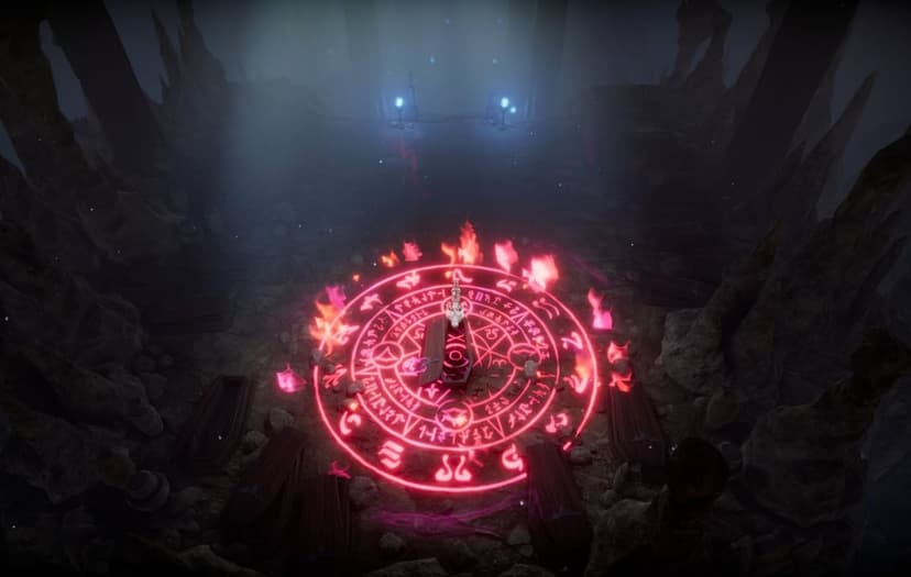 Glowing red ritual circle surrounding a wooden coffin in a dark stone cave with blue torches and mist.