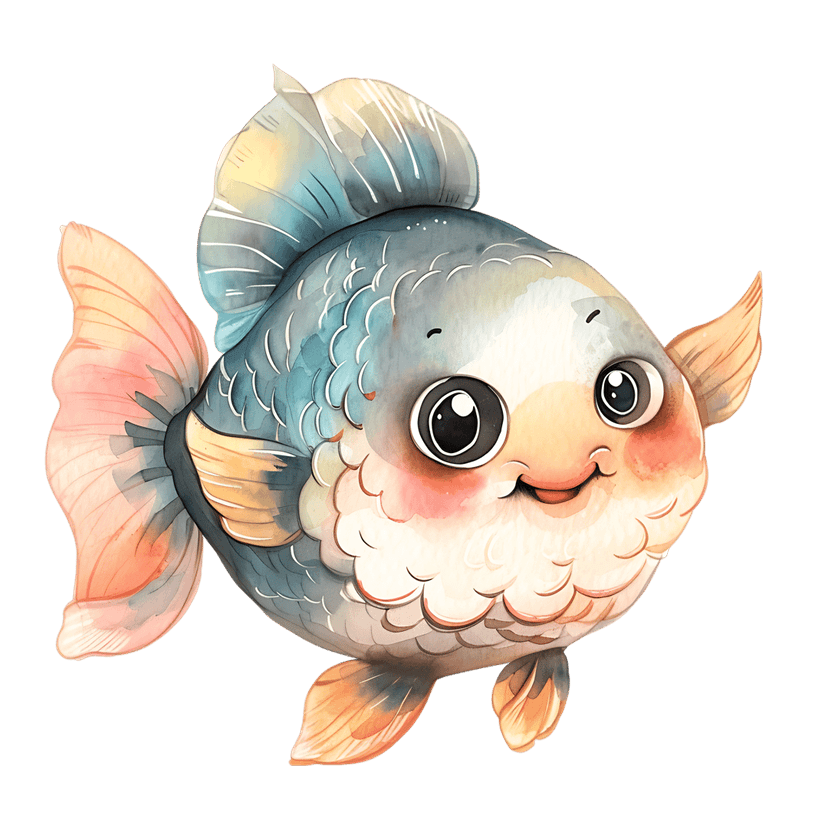 Watercolor fish illustration with large eyes and pastel fins displayed on a transparent background for design.