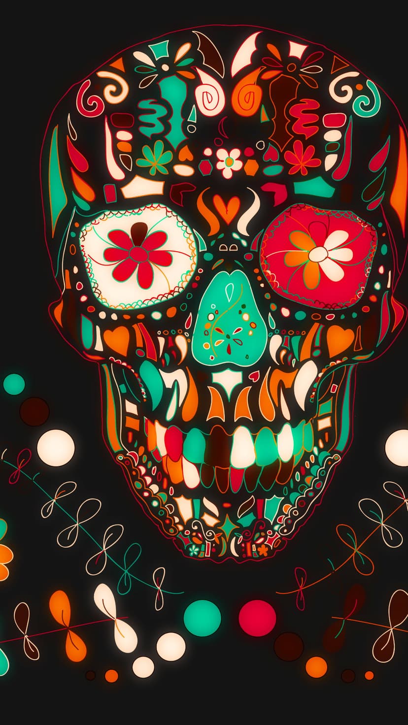 Sugar skull with vibrant floral patterns and geometric eye sockets centered on a dark vertical background.