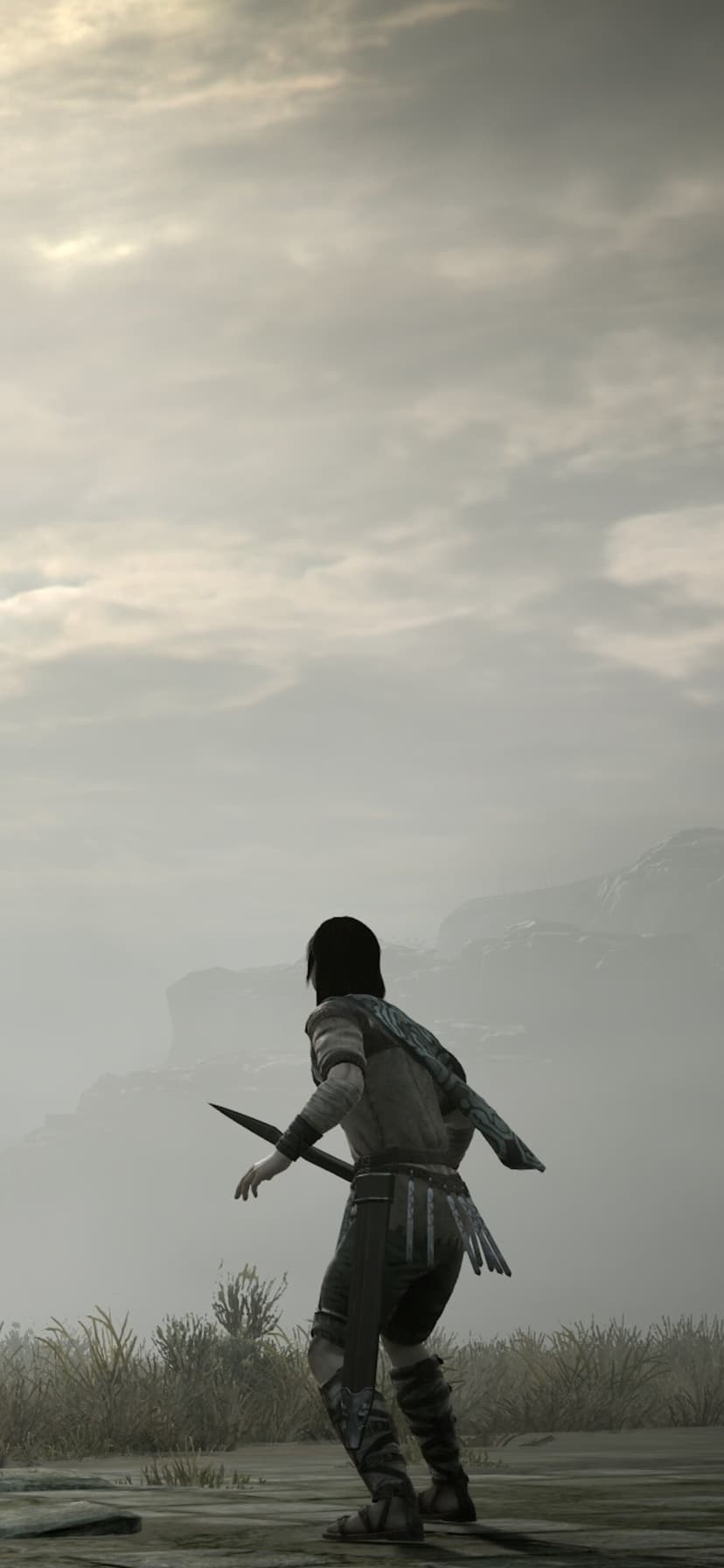 Lone warrior with a sword stands in a foggy field looking at distant rocky cliffs under a cloudy sky.