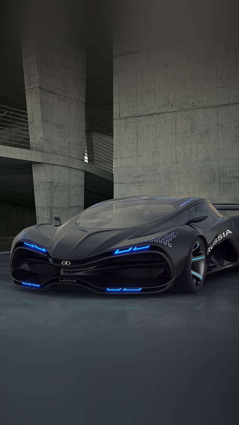 Black LADA concept sports car featuring blue neon accents parked against a brutalist concrete background.