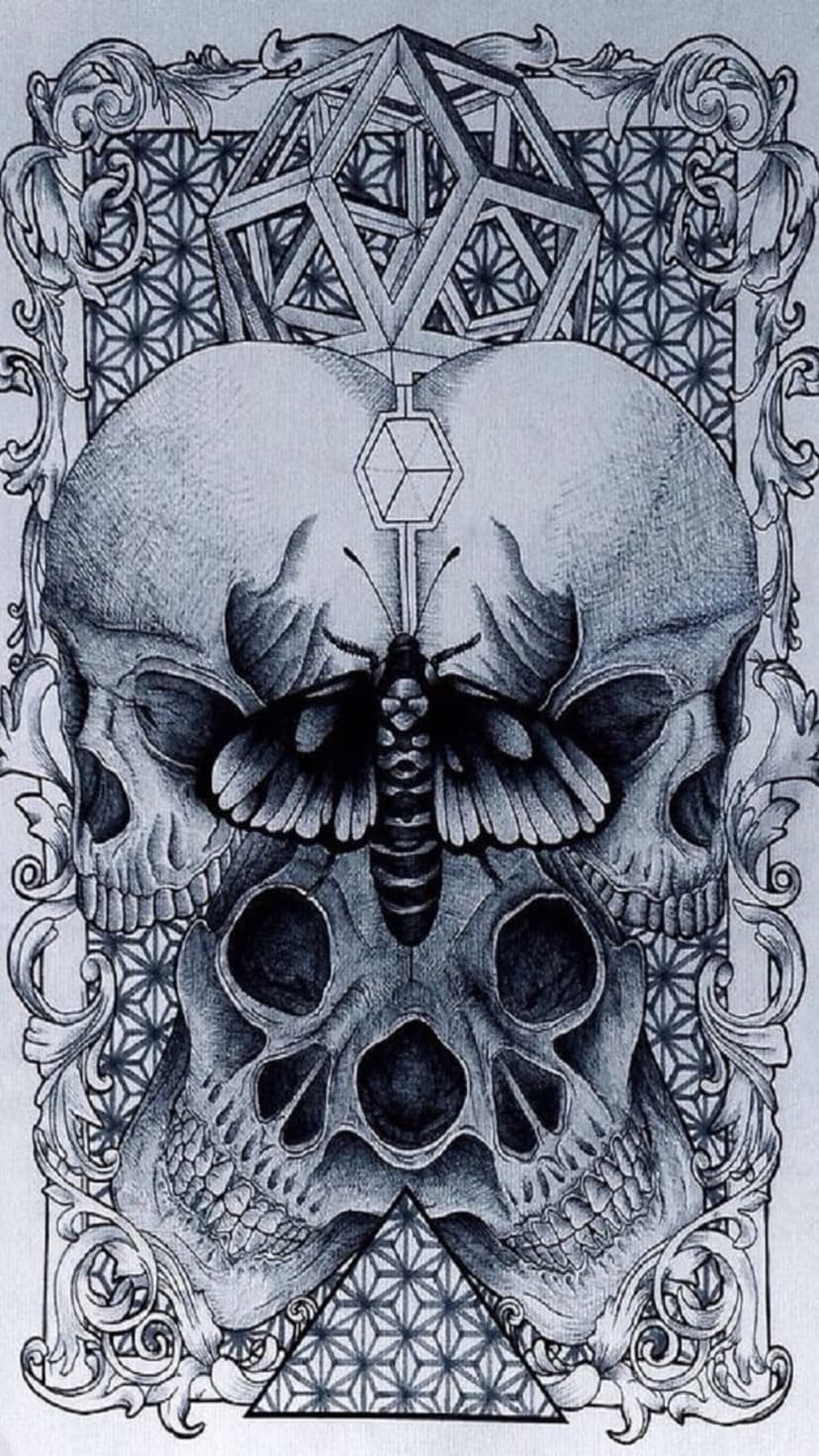 Three skulls stacked vertically with a moth on the center skull surrounded by geometric shapes and scrolls.