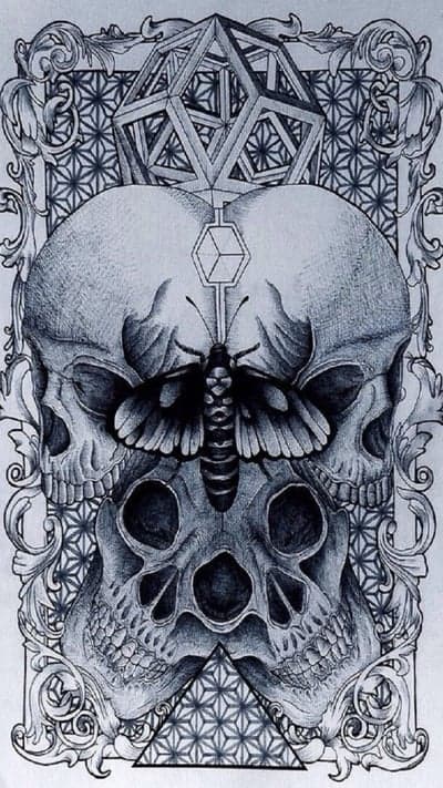 Macabre Moth and Skulls Tattoo Design