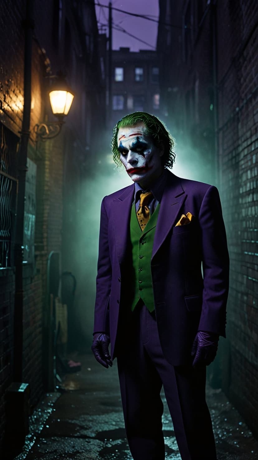 The Joker wearing smudged face paint stands in a misty wet alleyway at night with dim streetlights and shadows.