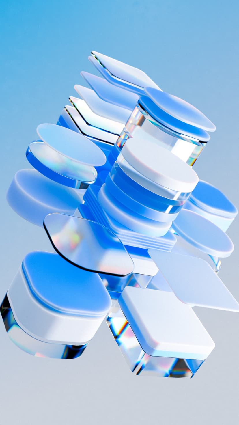 Translucent blue cylinders and 3D geometric glass shapes float against a soft luminous gradient background.