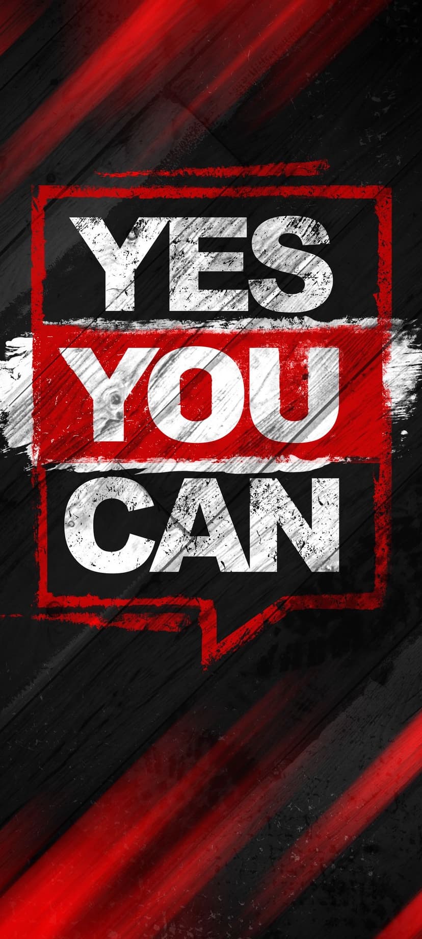 Yes You Can text in white distressed font over dark wood grain with abstract red paint splashes and a red border.