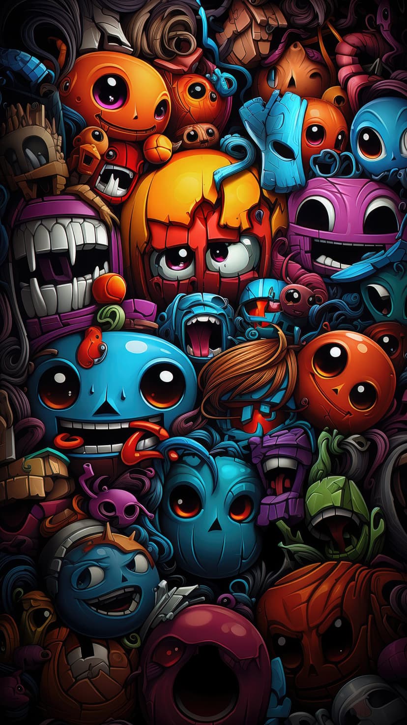 Densely packed graffiti monsters with expressive eyes and neon textures fill the entire vertical frame.
