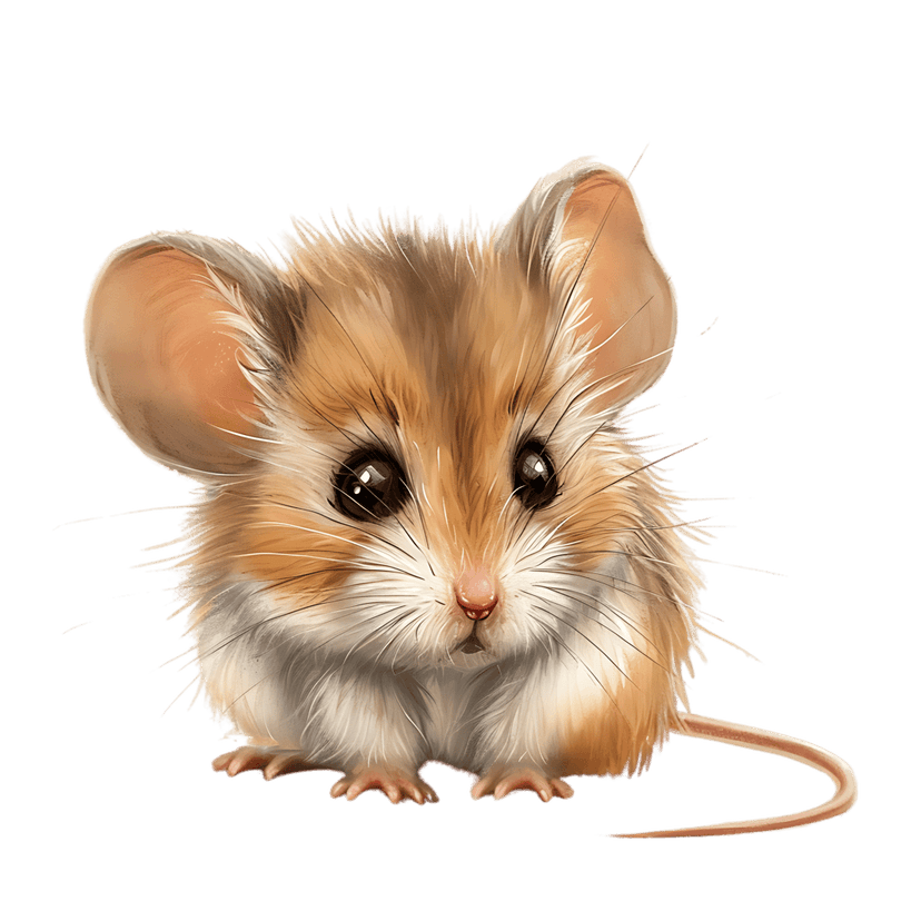 Gerbil illustration with large ears and brown fur set against a black background in a frontal portrait style.