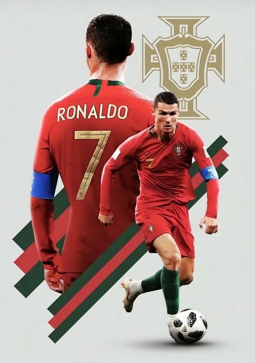 Cristiano Ronaldo in a red Portugal soccer jersey dribbles a ball during a match with a blurred stadium backdrop.