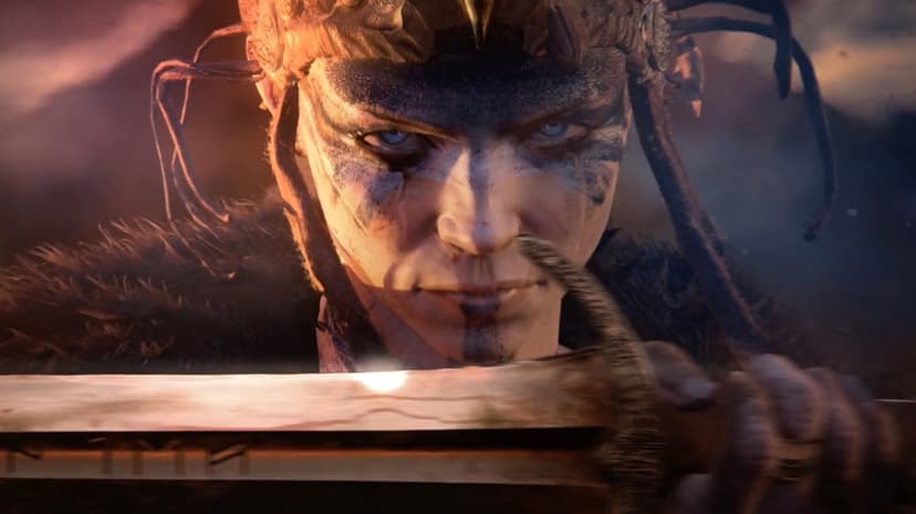 Female warrior with blue eyes and war paint holding a sword in a cinematic dark fantasy setting.