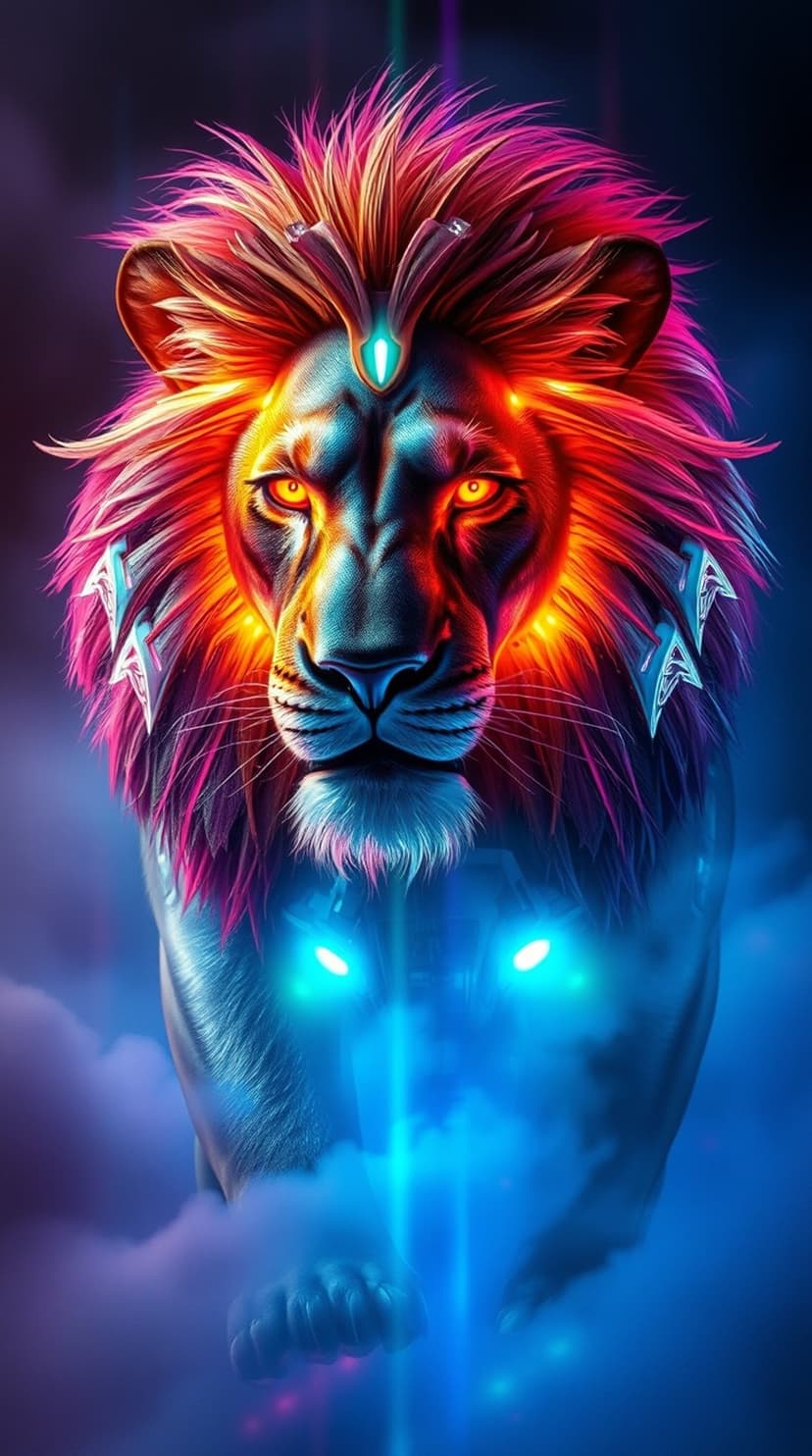 Lion with a glowing orange mane and electric blue eyes emerges from purple mist with geometric neck armor.