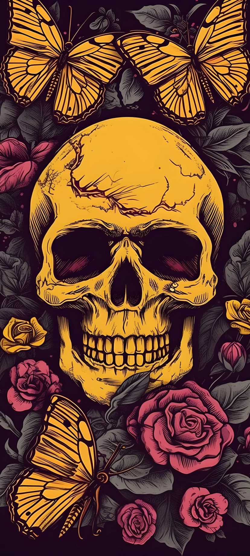 Yellow skull with surface cracks surrounded by red roses and butterflies against a dark atmospheric backdrop.