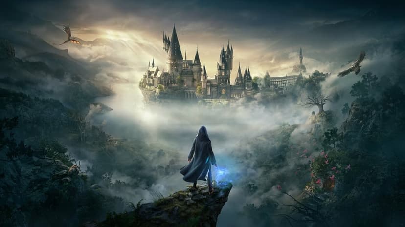Hooded wizard with glowing blue wand overlooking a massive gothic castle on a misty cliff with a flying dragon.