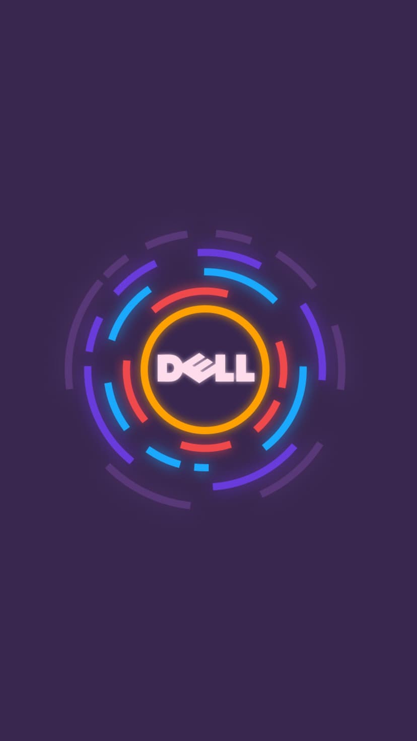 Dell logo centered among glowing orange and cyan circular light trails over a dark purple background.