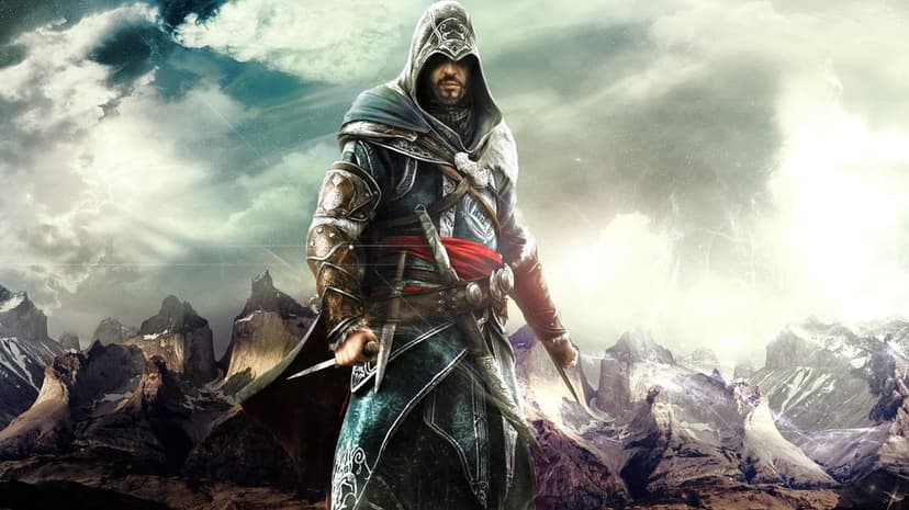 Ezio Auditore stands with hidden blades against a snowy mountain backdrop under a bright, hazy sky.