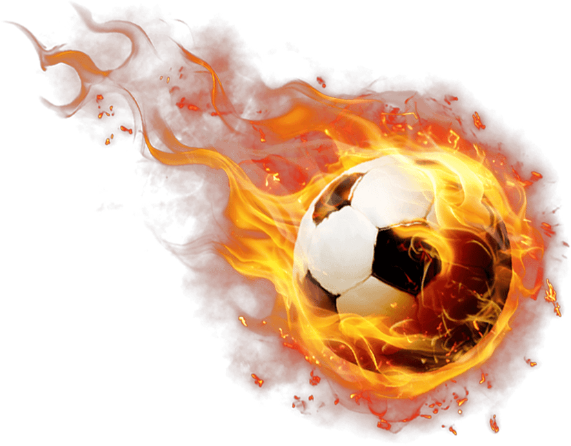 Soccer ball with orange flames and smoke trails against a transparent background showing high-speed motion.