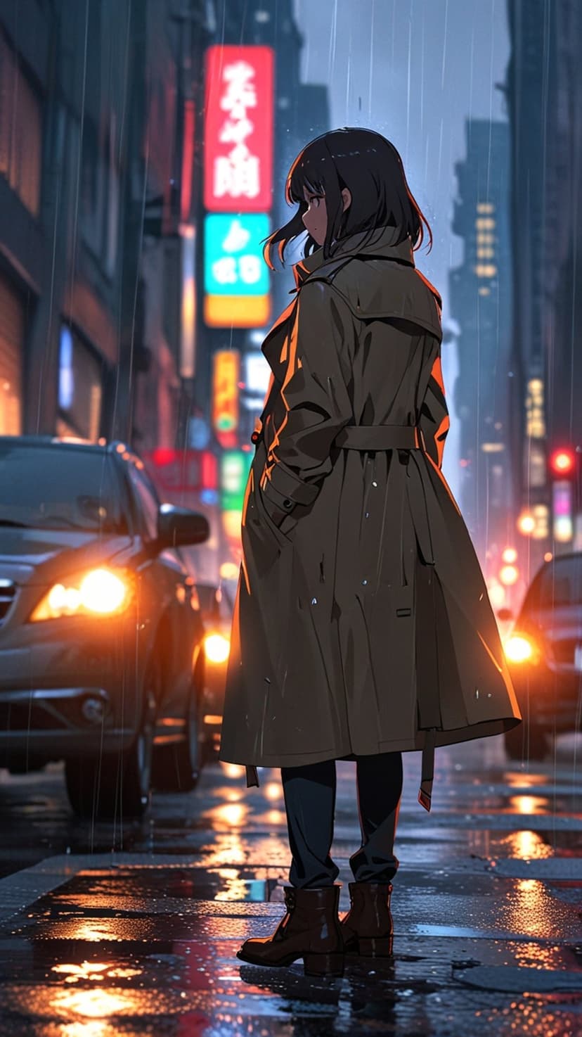 Anime girl in trench coat standing on a wet city street at night with neon reflections and glowing car lights.