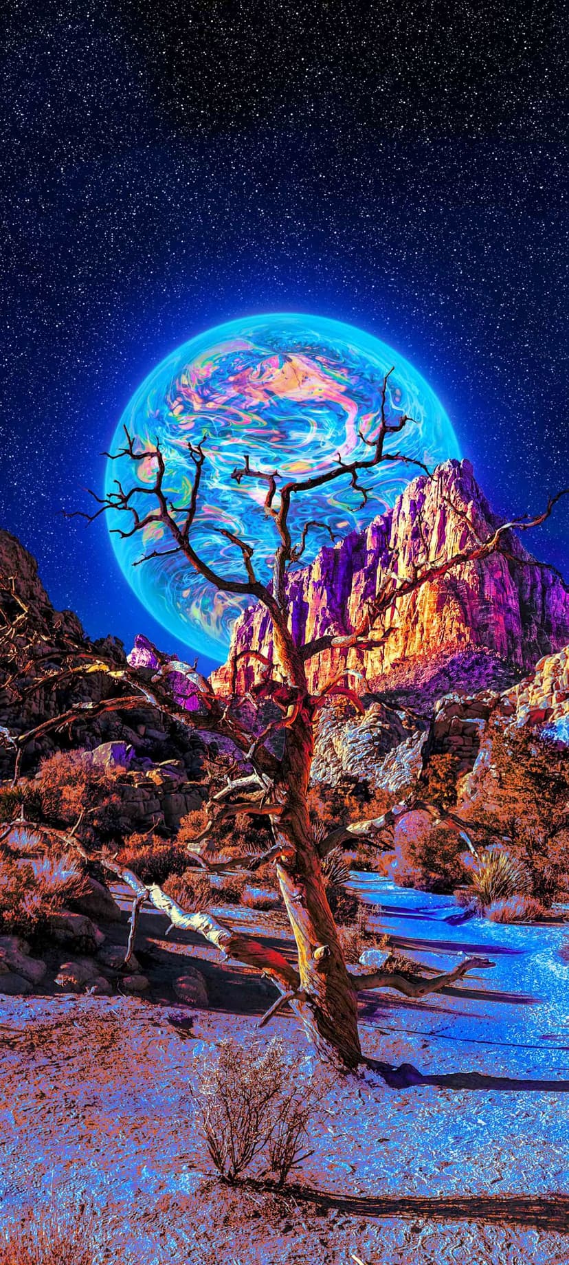 Gnarled tree silhouette standing before a massive blue planet and glowing mountains under a starry sky.