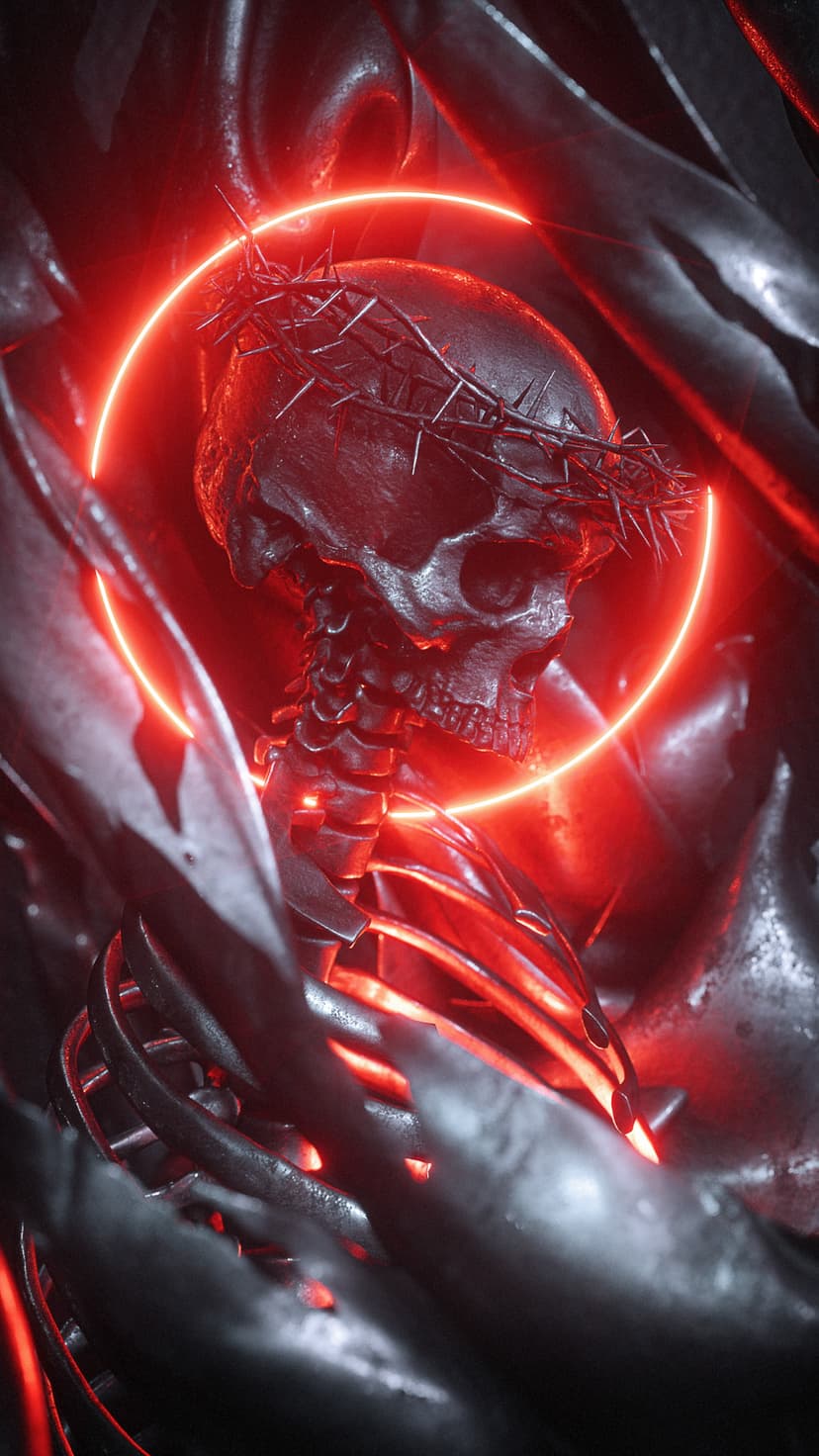 Metallic skeleton skull wearing a crown of thorns under a bright red neon halo with dark abstract surroundings.