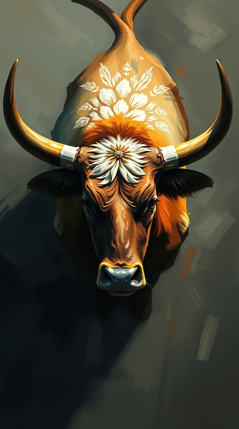 Bull with large curved horns and white flower patterns on its head over a dark, textured orange background.