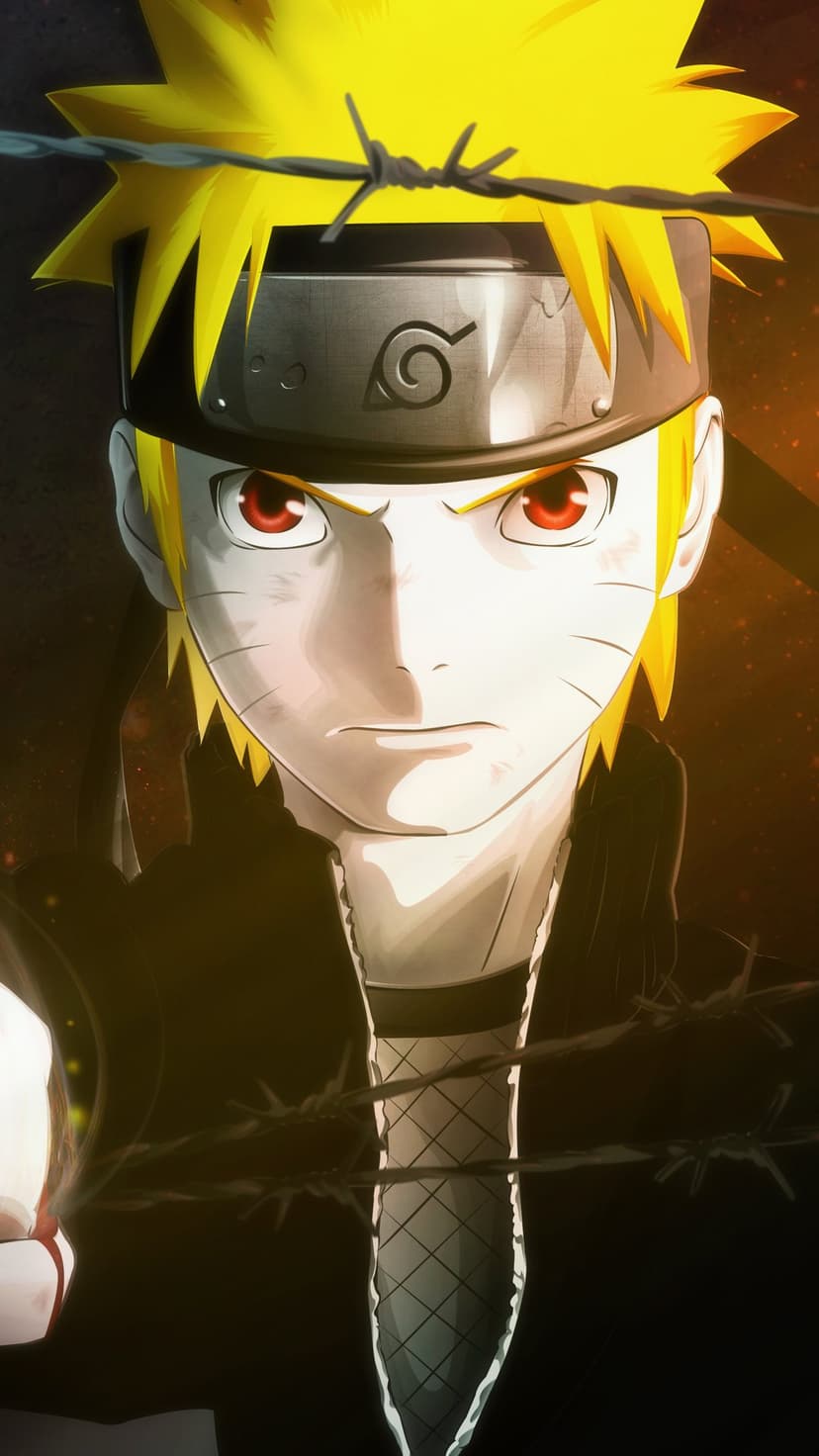 Naruto Uzumaki with glowing red eyes stares through rusted barbed wire while wearing a black jacket and headband.