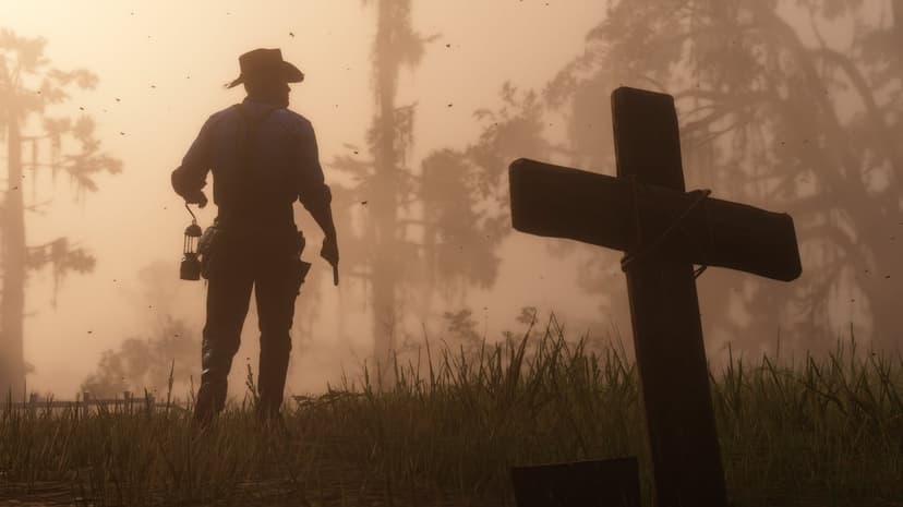 Cowboy silhouette with a lantern and gun walking past a wooden cross in a dense, golden graveyard fog.