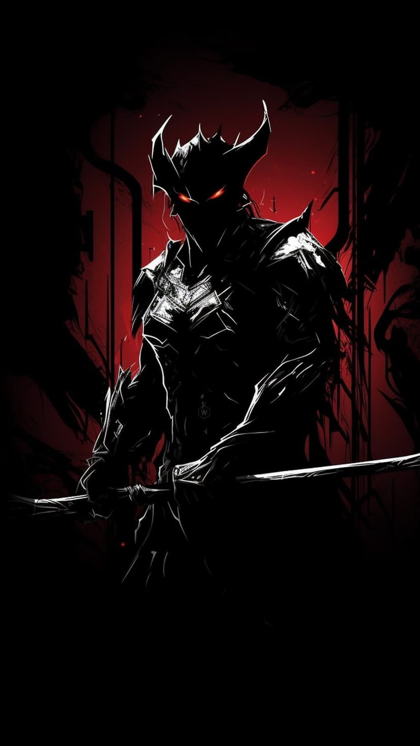 Armored demonic warrior with glowing red eyes and curved horns holding a katana against a vibrant red background.
