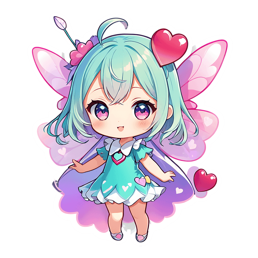 Chibi fairy sticker featuring light blue hair, pink wings, a teal dress with hearts, and a white border outline.