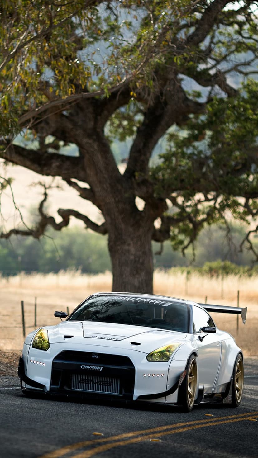 White Nissan GT-R widebody with gold wheels and yellow headlights parked on a road near a large leafy tree.