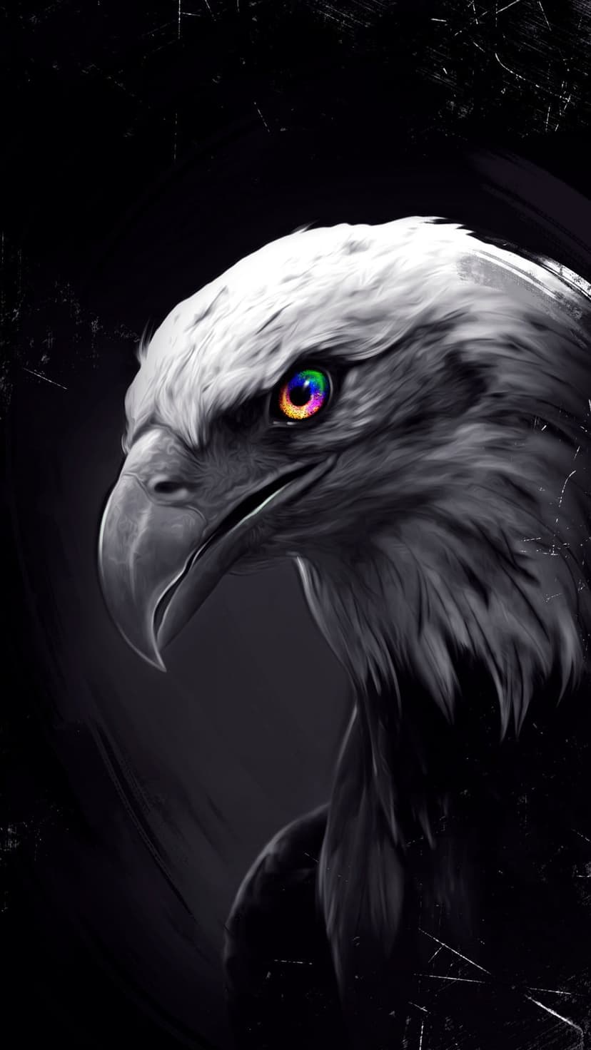 Eagle head profile with a vibrant rainbow iris and sharp beak set against a dark, textured grayscale background.