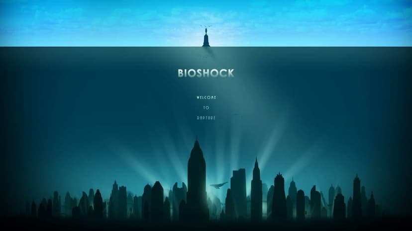 Teal underwater city silhouette with light beams and a small lighthouse above the water's surface.