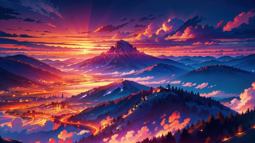 Mountain peaks sunset silhouette against an orange sky with purple clouds in a high-resolution digital landscape.