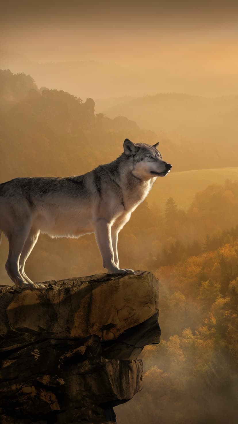 Grey wolf standing on a rocky peak during golden hour with misty pine forests and mountains in the background.