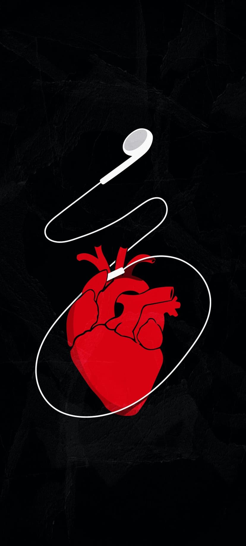 Red anatomical heart connected to white wired earbuds against a textured black background in a vertical layout.