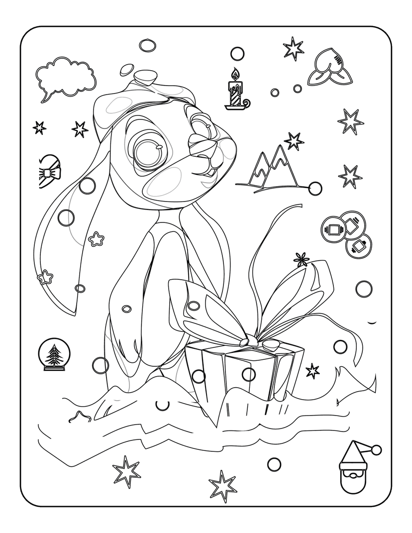 Rabbit coloring page featuring a bunny in a Santa hat opening a ribboned gift box near a snow globe and candle.
