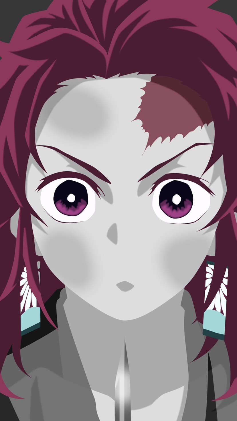 Tanjiro Kamado as a young boy with burgundy hair, purple eyes, and hanafuda earrings staring forward intensely.