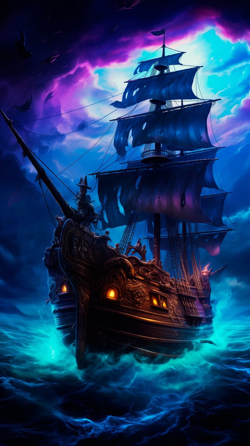 Spectral pirate ship with tattered sails navigates luminescent teal waves under a dark purple stormy sky.