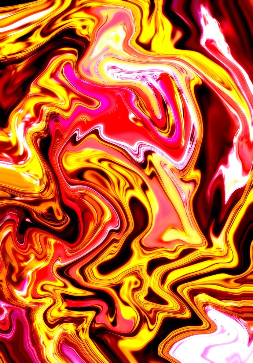 Swirling waves of red, yellow, and pink liquid intermingle to create a textured, fiery abstract composition.