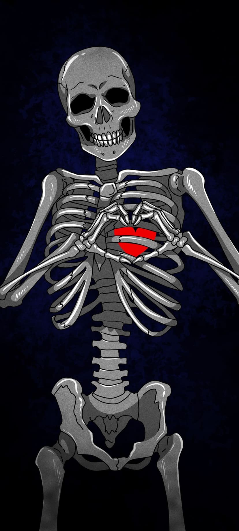 Human skeleton chest and hands forming a heart shape over a glowing red heart on a dark textured background.