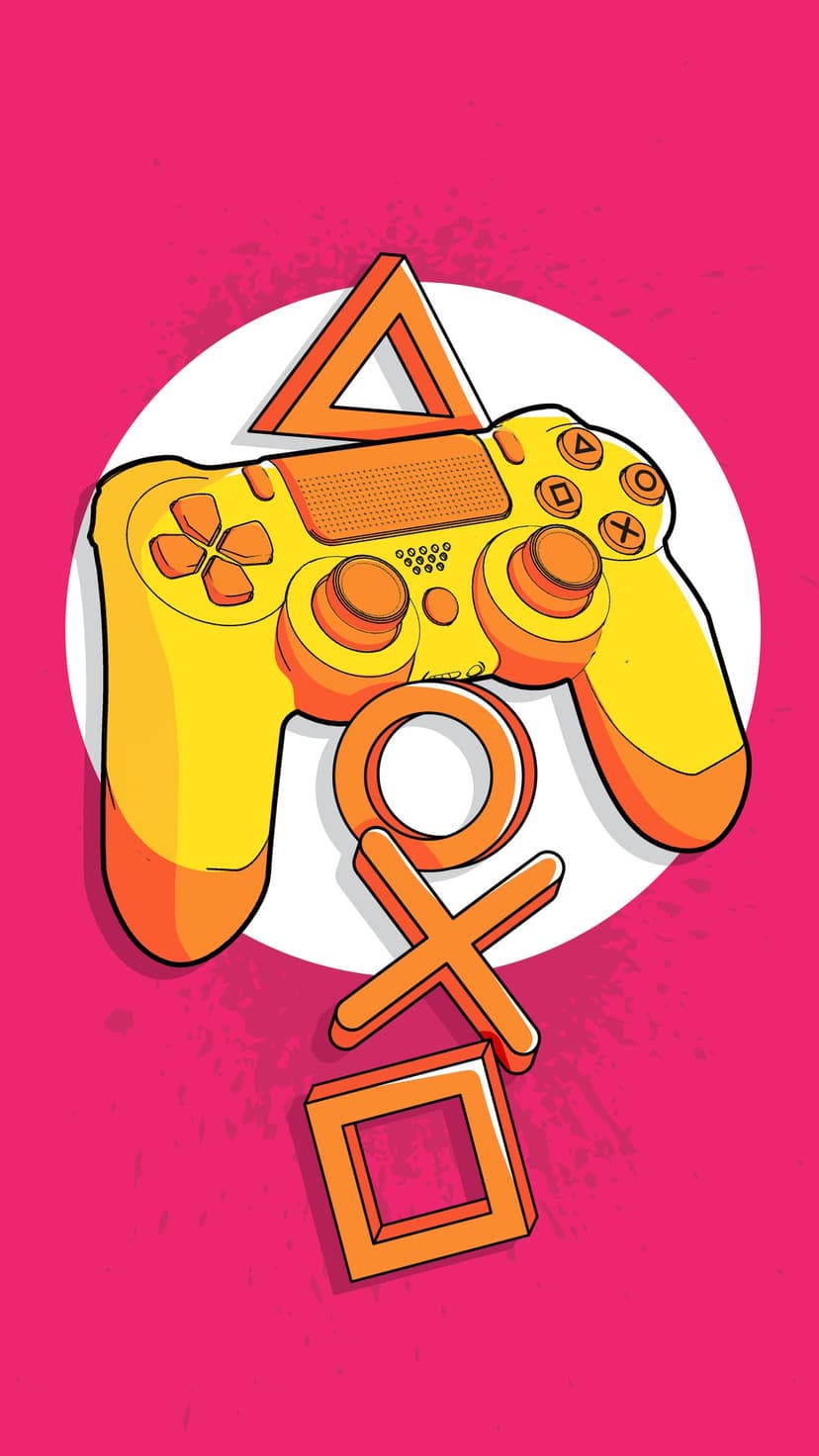 Yellow and orange gaming controller with geometric symbols centered on a textured pink background surface.