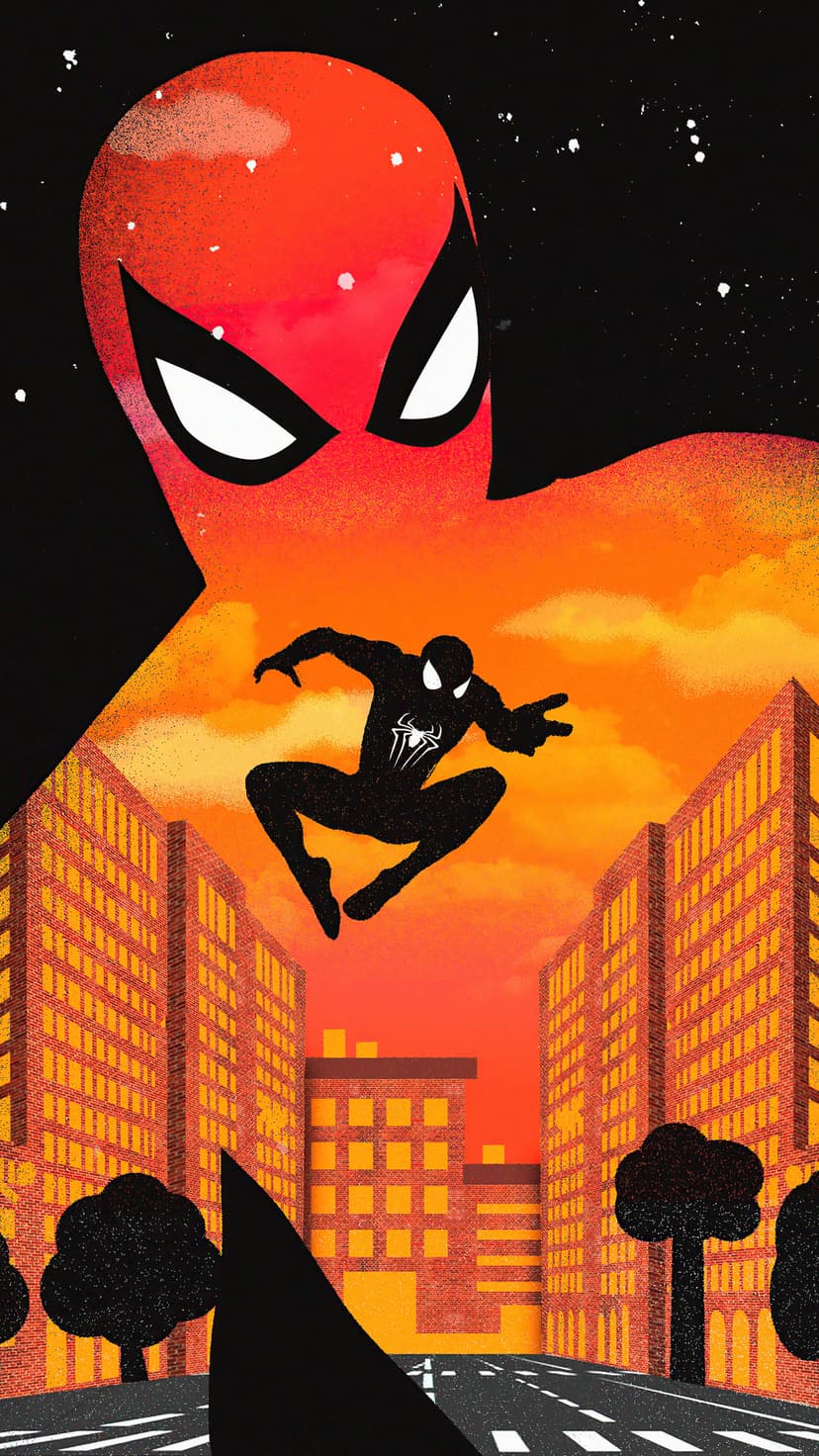 Spider-Man silhouettes against a red sunset sky while leaping between dark city buildings and trees.