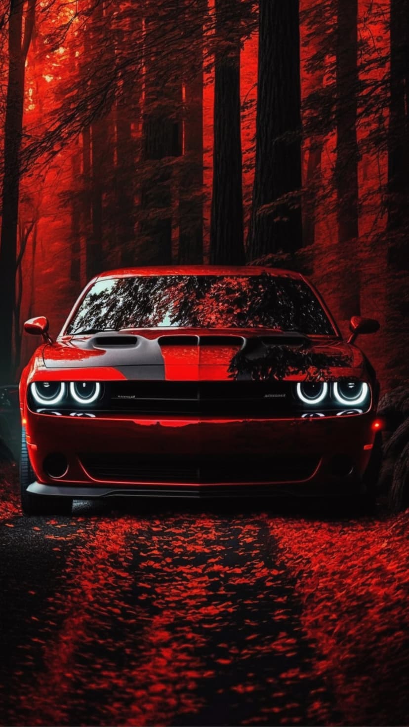 Red Dodge Challenger with white LED headlights sits on a dark forest path covered in glowing crimson autumn leaves.