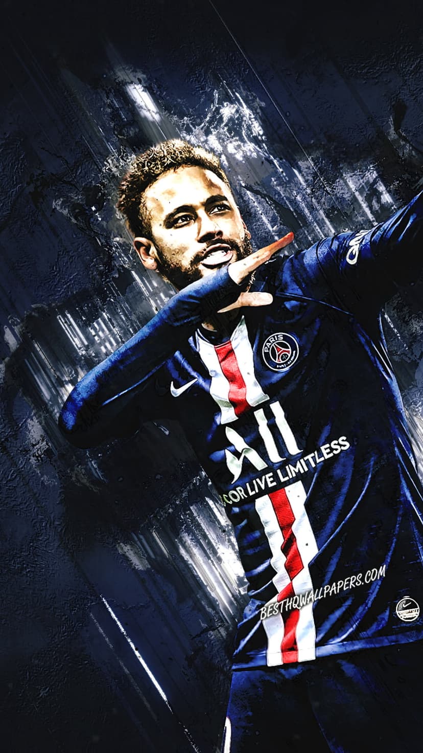Neymar Jr dabbing in a blue Paris Saint-Germain jersey against a dark textured background with glowing light streaks.