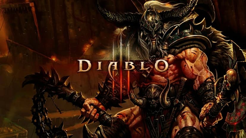 Barbarian warrior in horned armor holding a flail and axe with the Diablo 3 logo against a fiery hell background.
