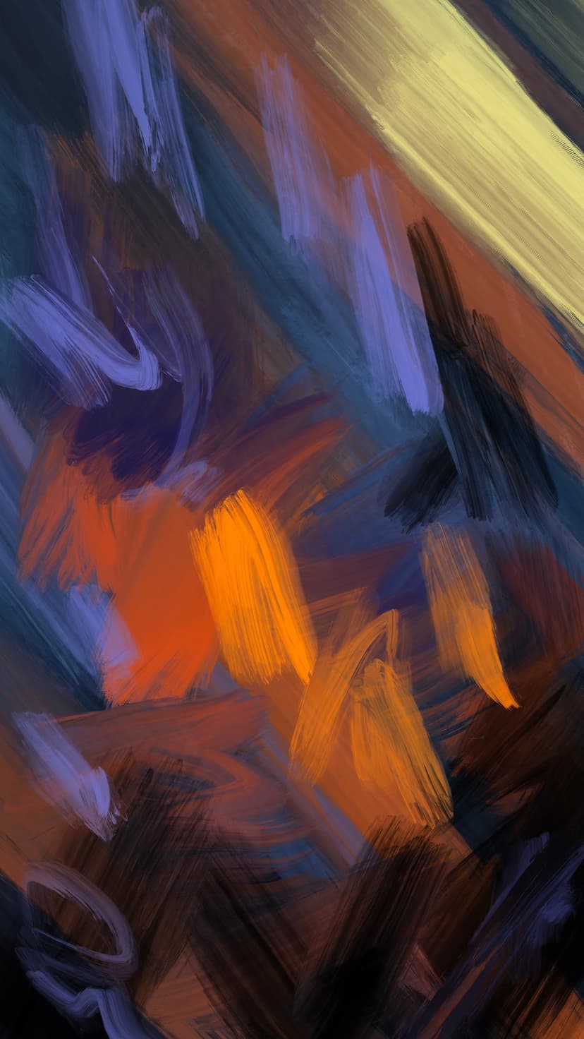 Thick orange, blue, and yellow brushstrokes create a textured abstract pattern with a vertical orientation.