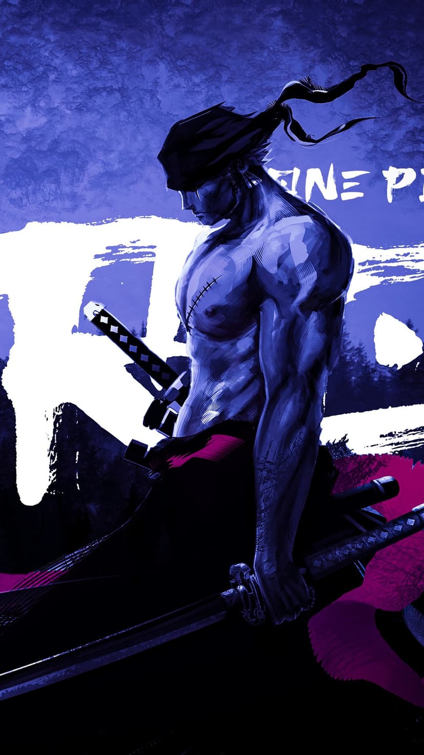 Roronoa Zoro with a muscular torso holding three swords amidst glowing purple and blue spectral energy.