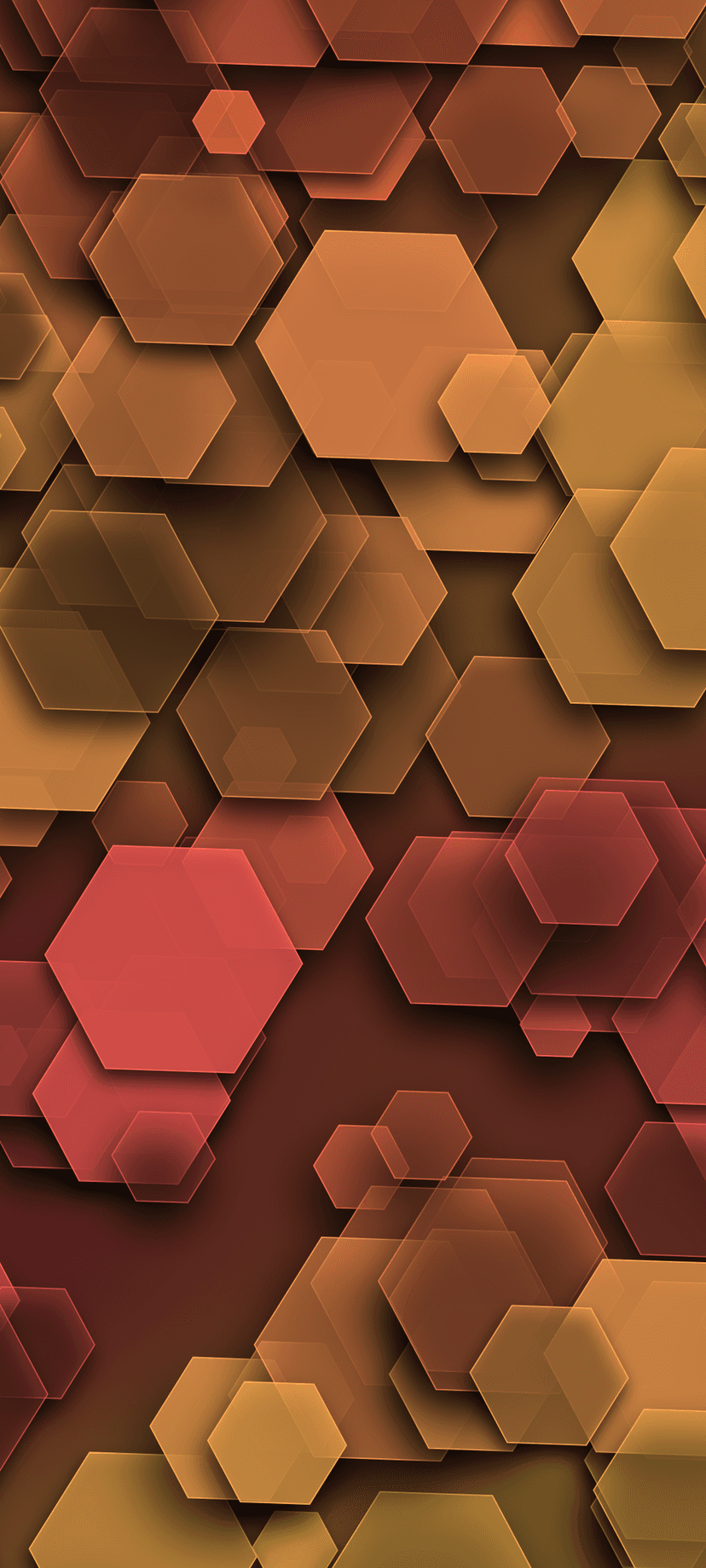 Translucent orange and red hexagons overlap in a layered honeycomb pattern with subtle three-dimensional shadows.